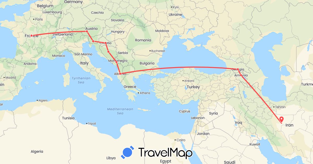TravelMap itinerary: driving, hiking in Albania, Armenia, Austria, Bosnia and Herzegovina, France, Georgia, Croatia, Iran, Montenegro, Slovenia (Asia, Europe)